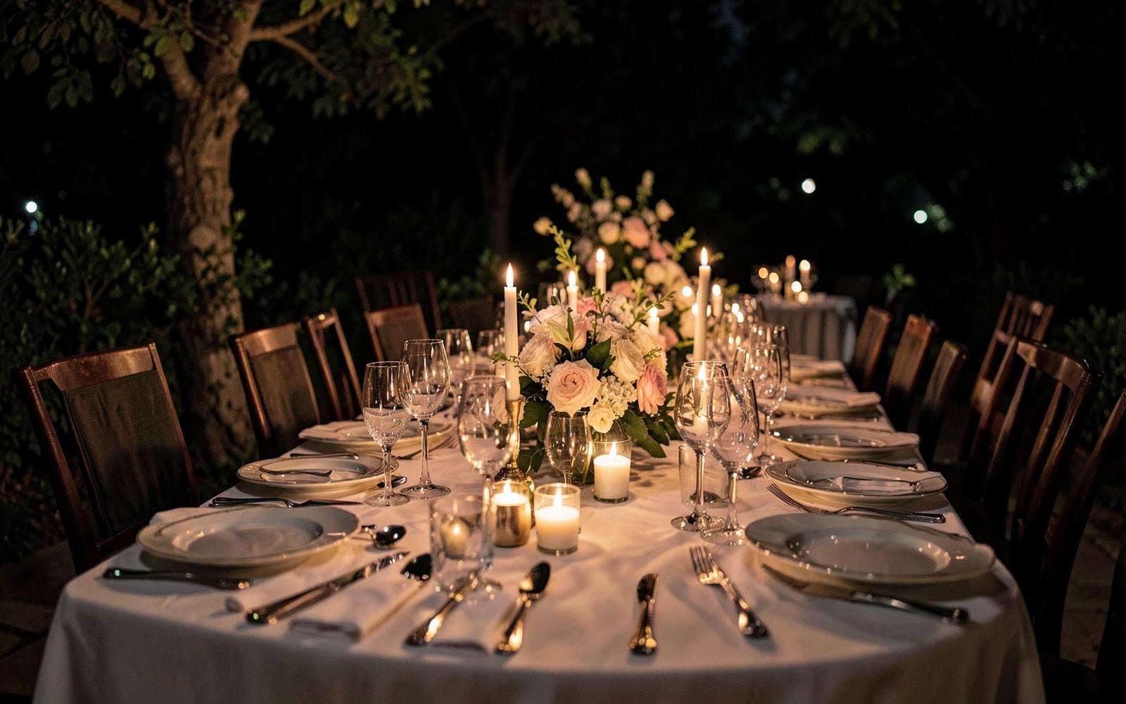 Rooftop tables set for a celebration dinner